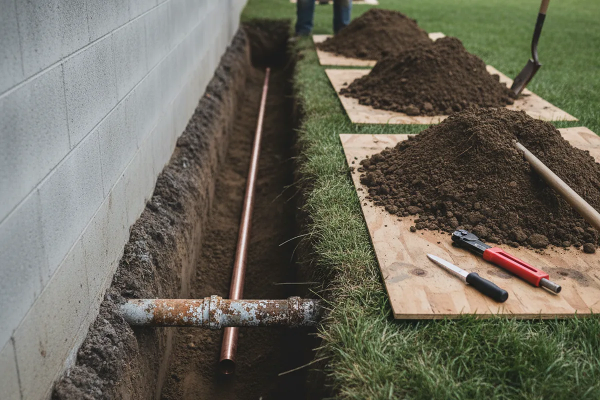 Excavated water line trench during Water Heater Repair in Mount Sherman